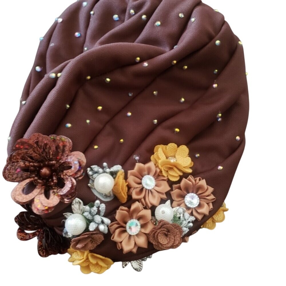 Elegant Brown Turban Headwrap Embellished with Rhinestones and Flowers for Women - Picture 4 of 8